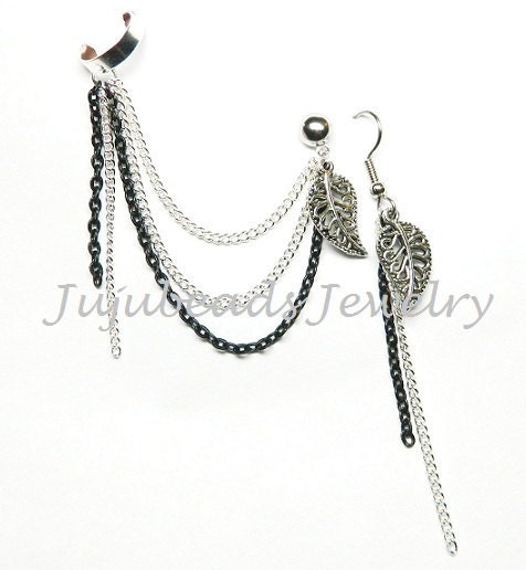 Winter Leaves - Black and Silver Leaves Chains Ear Cuff
