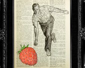 Bowling Print - Strawberry Bowling - ORIGINAL ARTWORK hand painted art print on Dictionary page, Dictionary art, Dictionary print, wall art
