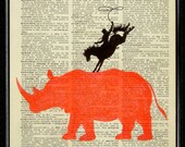 Rhino - The Brave Cowboy - ORIGINAL ARTWORK hand painted Mixed Media art print on Vintage book print, Dictionary art, Dictionary print
