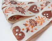 Fabric Trim Vintage Ivory Brown Orange Embroidery Hearts 1 yard plus 22 inches