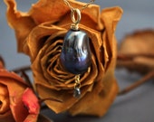 Chantelle- OOAK large gray peacock EXOTIC baroque nucleated pearl drop pendant set in solid 14kt yellow gold with sapphire briolette drop