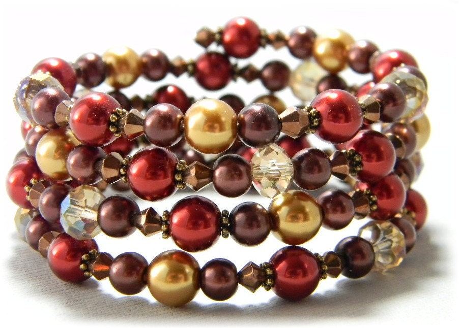 Red and Gold Pearl Cuff Bracelet with Chocolate Brown and Czech Beads Fall Bracelet