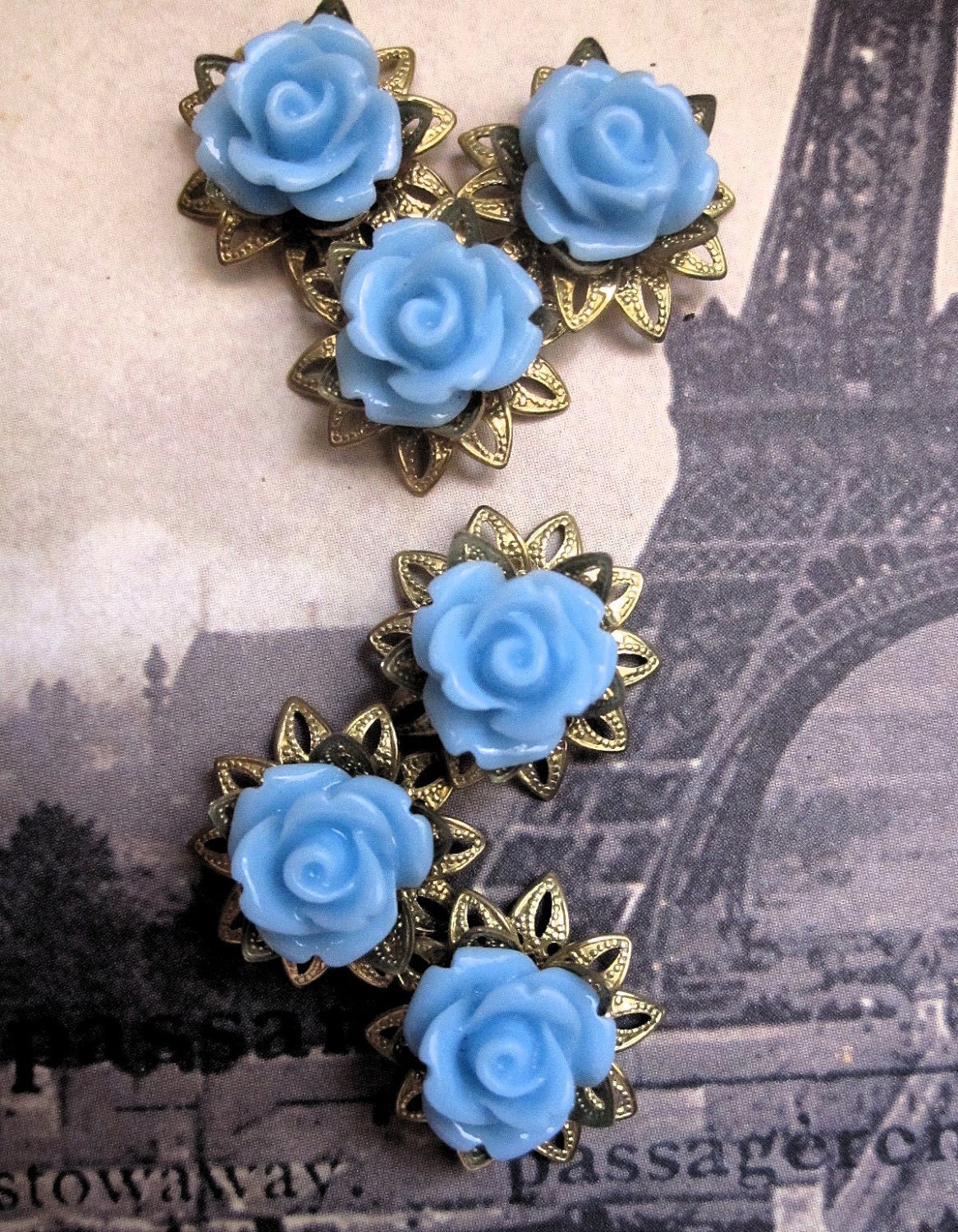 Brass Filigree Blue Rose Cabochon 3D Lotus Flower