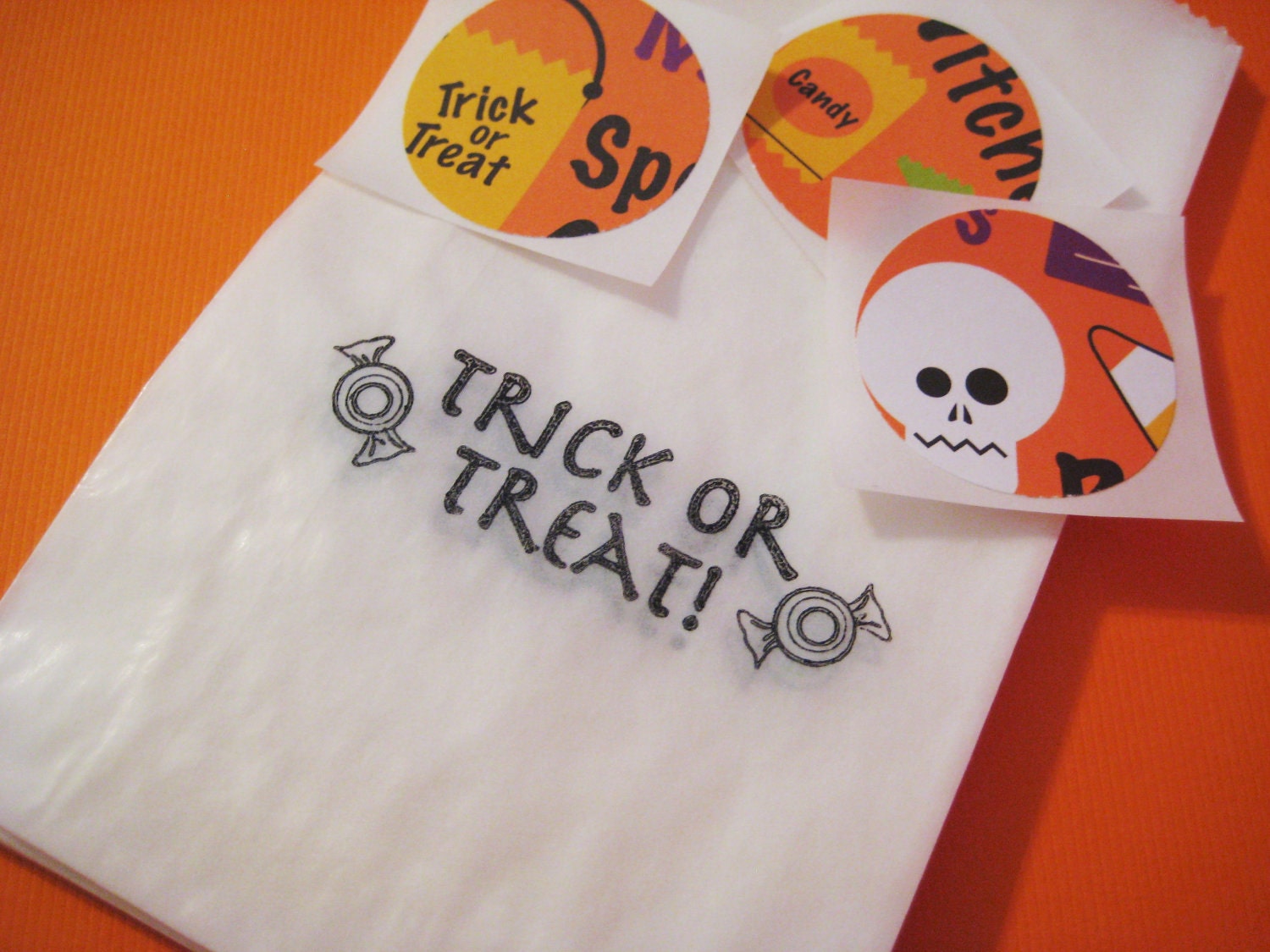 Trick or Treat Halloween glassine bags and choice of sticker seals, set of 10