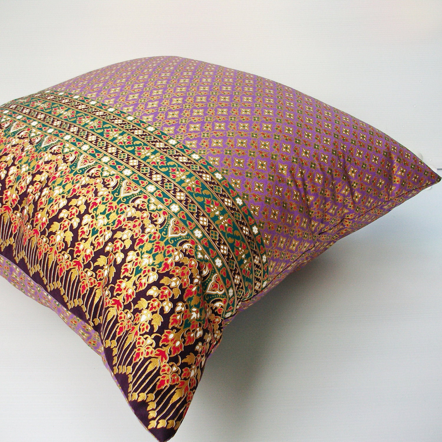 2 Pillow Covers Purple Lilac and Gold  Thai Painting sofa Throw decorative pillow cushion covers 18 inches