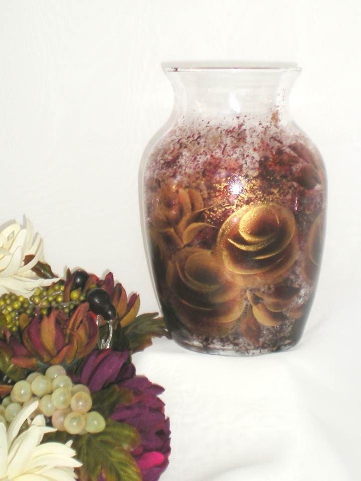 ARTIST MOVING SALE Hand Painted Glass Vase - Burgundy, Gold Roses - 7 inches Mothers Day Centerpiece Ginger Jar Urn 7 Inches