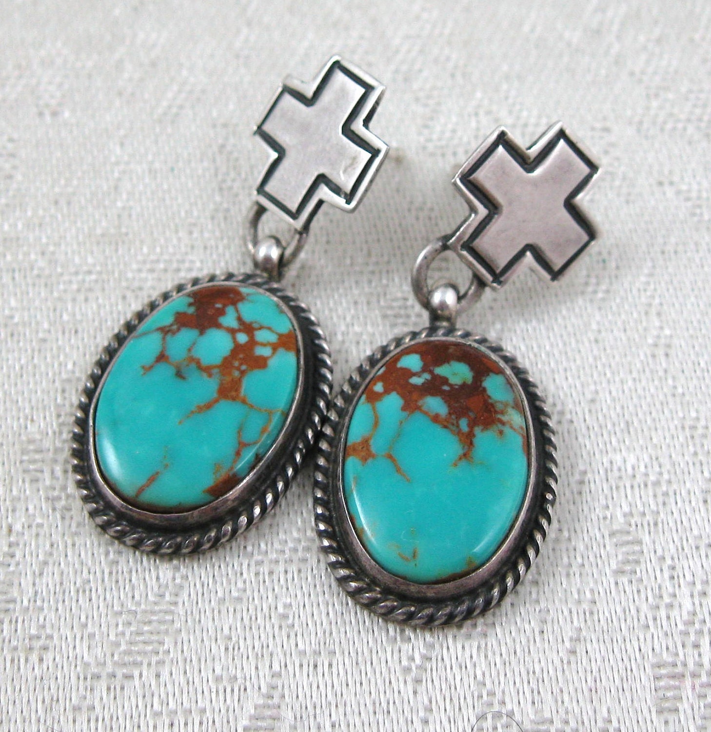 Vintage Southwestern Sterling Cross Turquoise Earrings