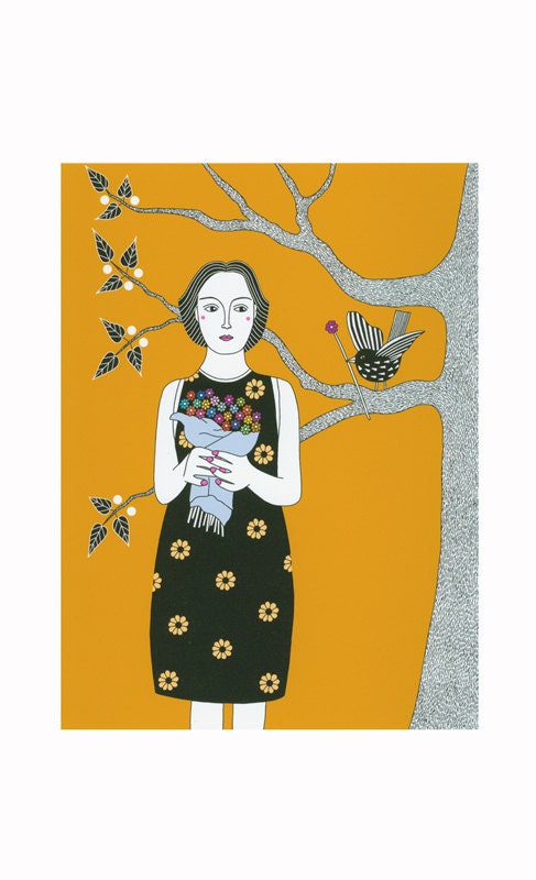 Contemporary A4 Print Woman And Black Bird Tree Flowers Golden Black