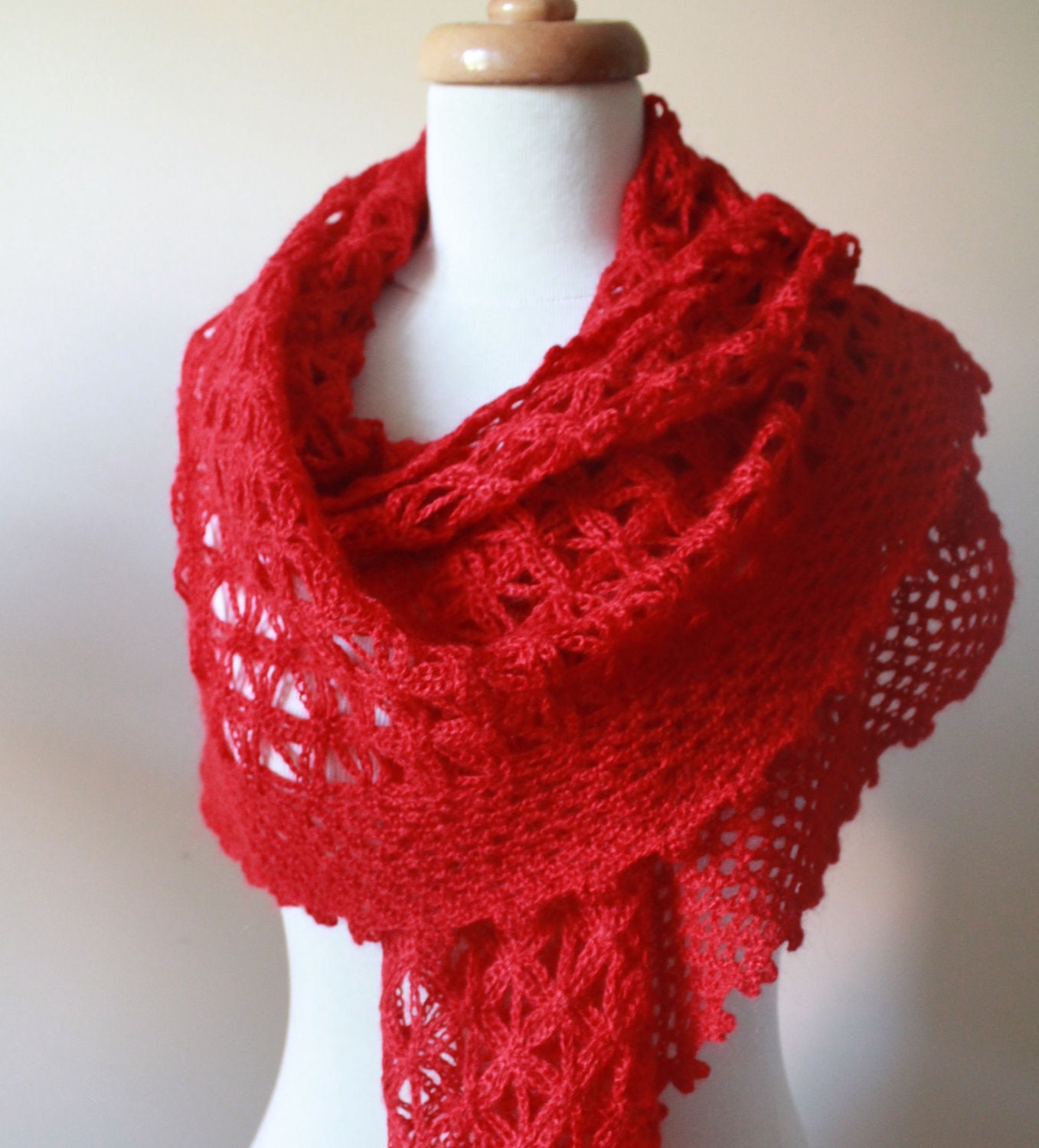 New RED SHAWL TRIANGLE Crochet Scarf Mohair Acrylic Stole