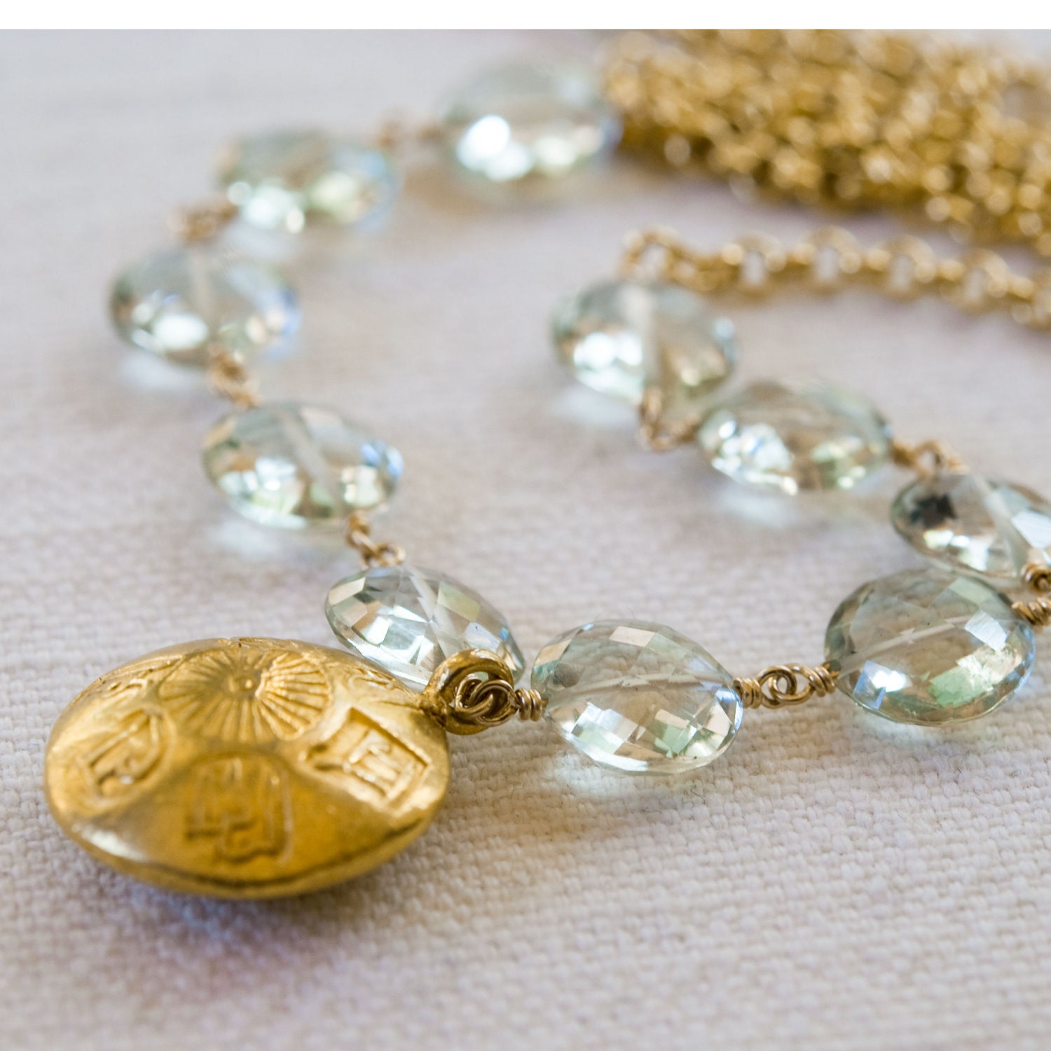 Green Amethyst Necklace 14k Gold Filled Chain Yoga Jewelry