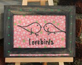 Linocut Print of Lovebirds with Handpainted Frame