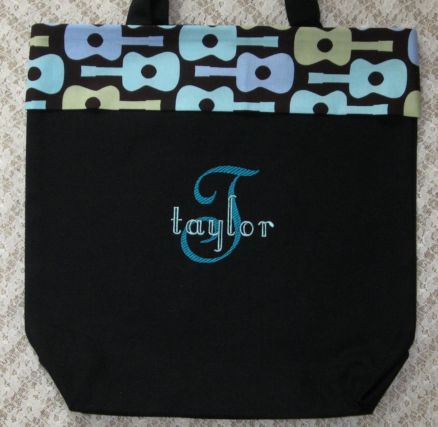 GUITAR personalized music student lesson book bag black canvas embroidered tote musician birthday gift idea