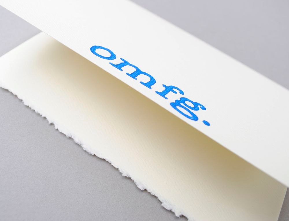 Blue OMFG Notecard - Typewriter Font Sapphire Blue Block Print