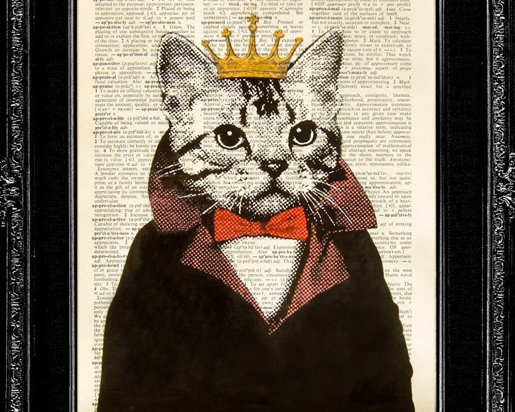 Cat King - ORIGINAL ARTWORK hand painted Mixed Media art print on 8x10 Vintage Dictionary page, Dictionary art, Dictionary print, wall art