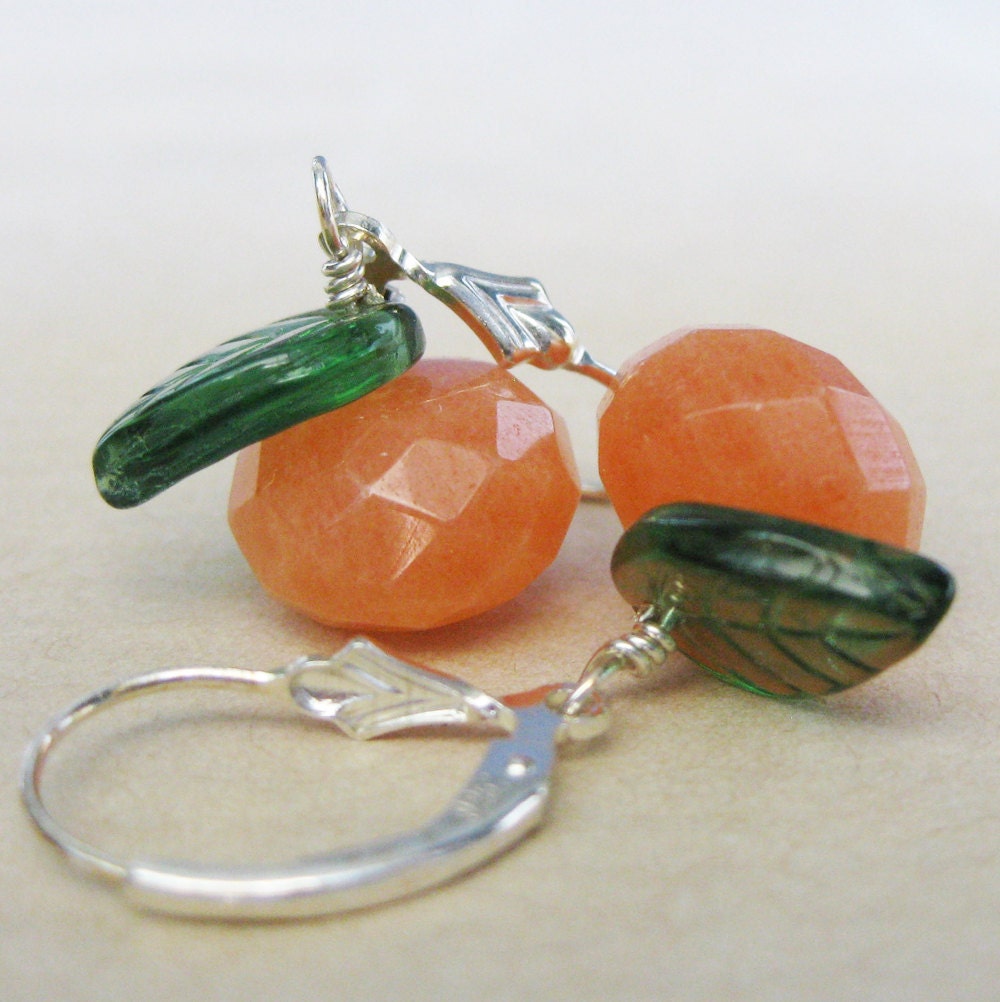 Pumpkin, Clementine, Orange, Tangerine - Orange Jade Very Berry Leverback Earrings