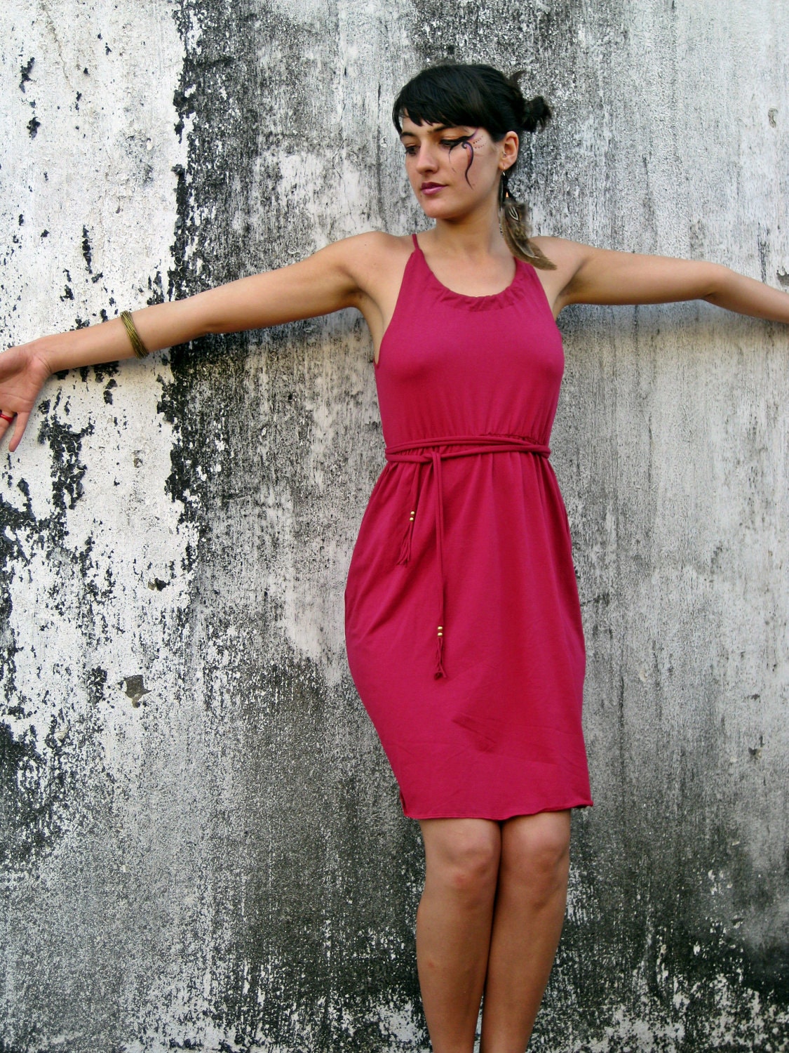 SALE-20% off- short halter red dress with fringe belt - Picarona