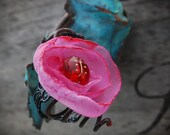 Handcrafted wearable art flower adjustable ring pink w/ ladybug using recycled fabric.