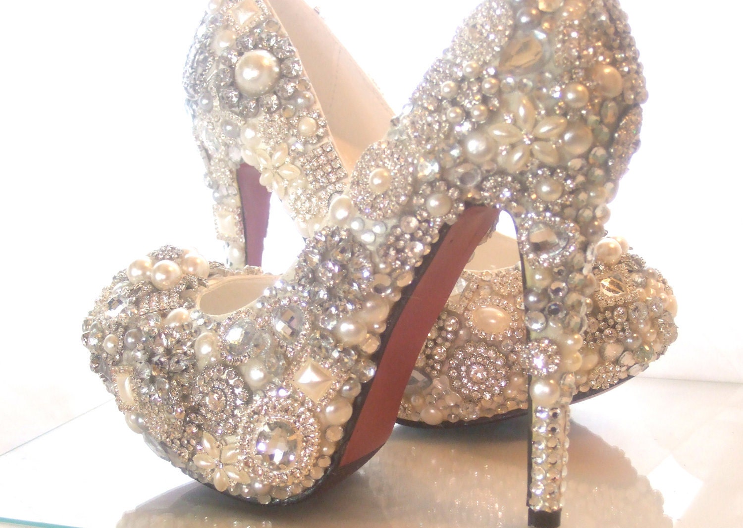 Cinderellas Wish... crystal, glass and pearl covered high heels.  Wedding bespoke  custom design
