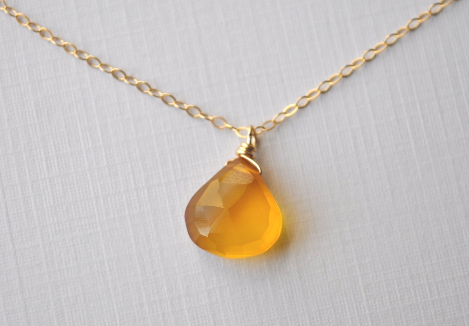 Yellow chalcedony necklace - stone, briolette, gold filled, solitaire, mustard - simple everyday jewelry - adencreations