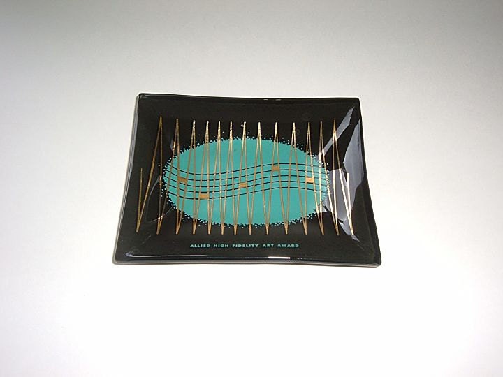 Midcentury Modern Aqua Glass Dish Allied High Fidelity Art Award