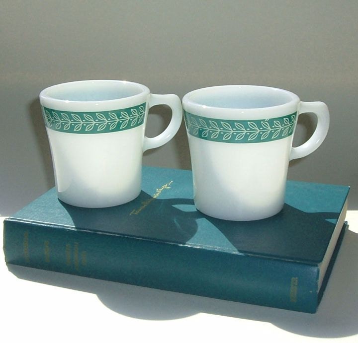 Vintage Pyrex Mugs Autumn Bands Teal Set of 2