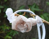 Handmade fabric flower cute tiny white satin handmade floral elastic headband. OOAK handcrafted art flower