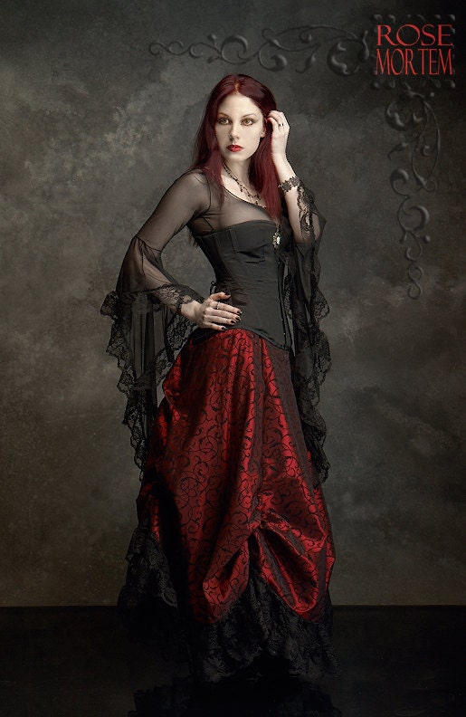 Lorna Bustle Skirt in Crimson and Black Taffeta - Victorian Inspired - Custom Elegant Gothic Clothing and Dark Romantic Couture
