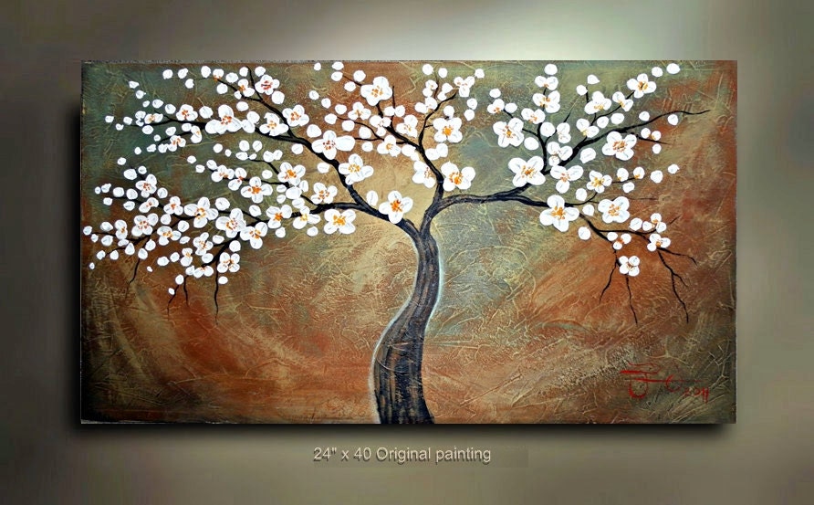 ORIGINAL Flower Tree Painting Abstract Landscape Artwork Treescape Heavy Textured 40x24 Modern Contemporary art Made to Order by OTO