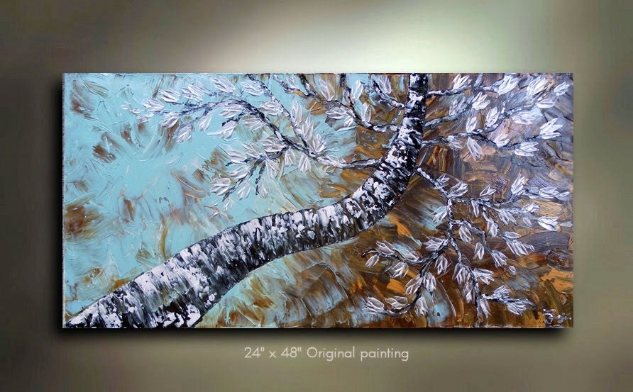 Original Abstract Birch Tree Painting Art Landscape woods treescape great color 48x24 Modern Contemporary Texture Painting by OTO