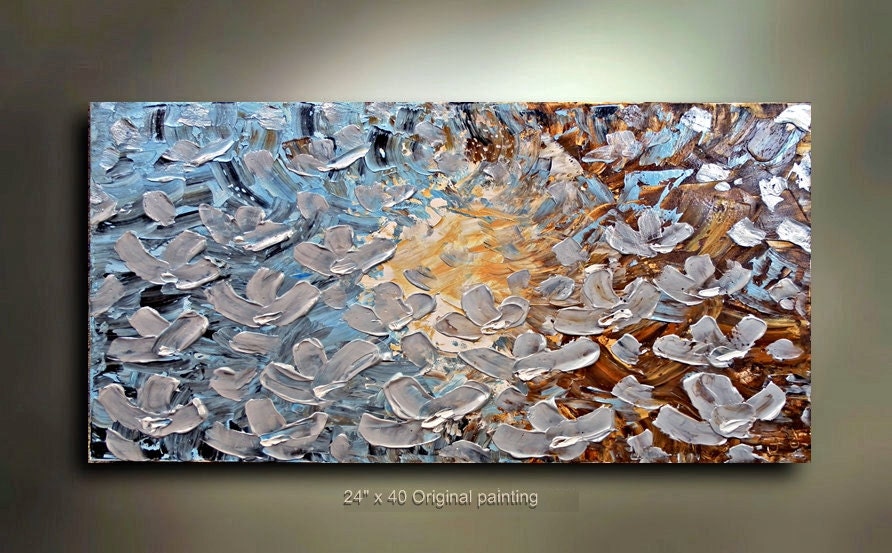 ORIGINAL Silver Flower Abstract Art Painting Canvas Art Landscape Bloom metallic 40x24 Modern Contemporary Painting by OTO