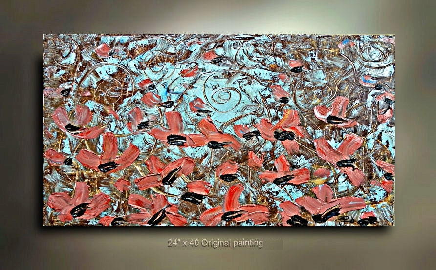 Original Abstract Flower Poppy Painting Art Landscape Bloom Red Turquoise brown 40x24 Modern Contemporary acrylic oil Painting by OTO
