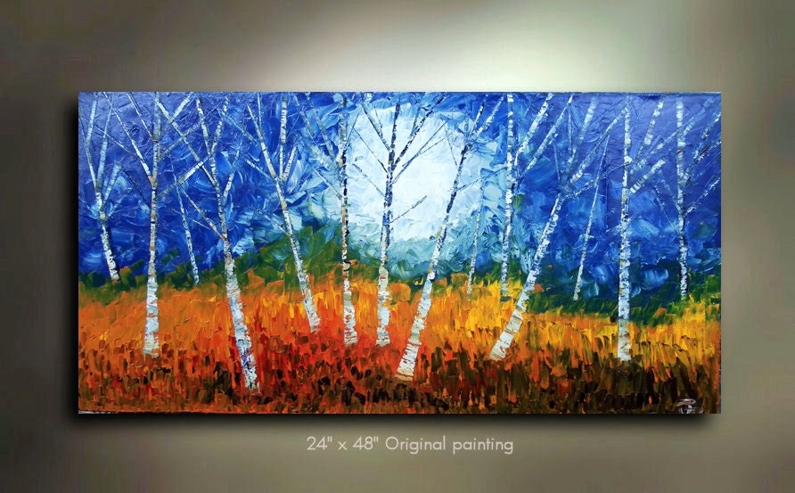 Original Birch Tree Painting Abstract Art Landscape treescape great color 48x24 Modern Contemporary Oil Painting by OTO