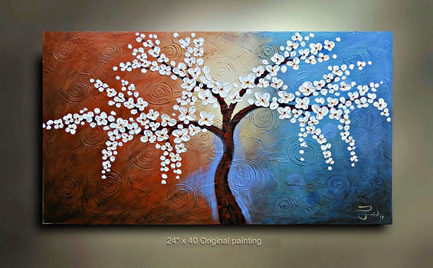 ORIGINAL Tree Painting Flower Abstract Landscape Artwork Great Color 40x24 Modern Contemporary Textured Art by OTO