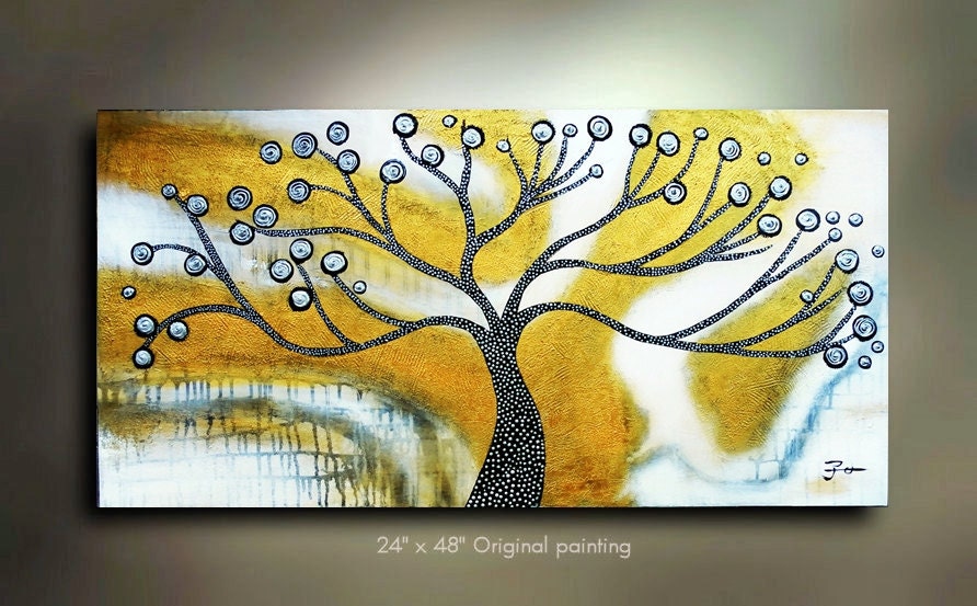 ORIGINAL Tree of Life Painting Flower Abstract Art Landscape Artwork Great Color 48x24 Modern Contemporary Textured Art Made to Order by OTO