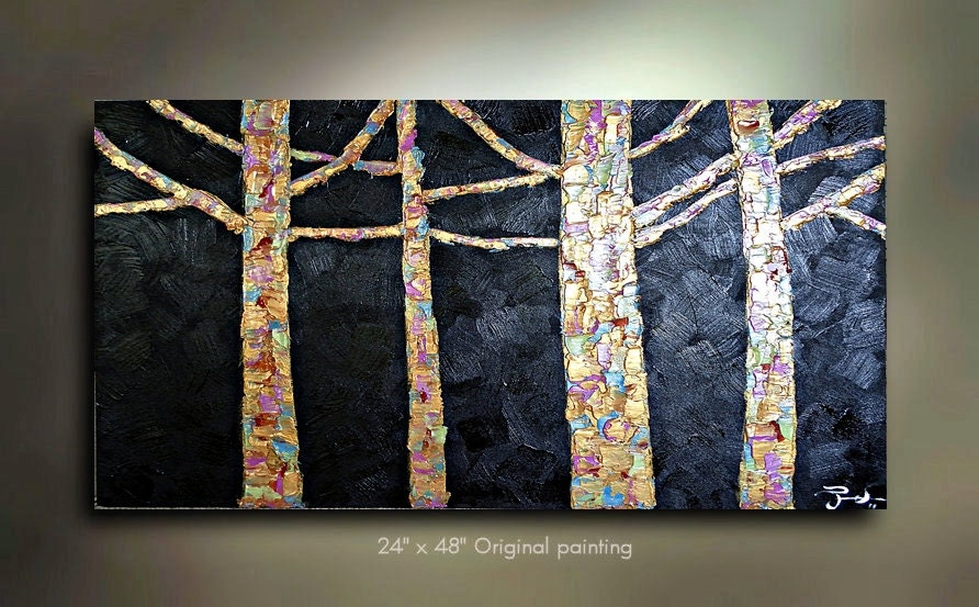 Original Abstract Tree Painting Art Landscape birch treescap metallics 48x24 Modern Contemporary Impasto Made to Order by OTO