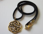 Celtic Knot Pendant Necklace, Leather, Antiqued Gold