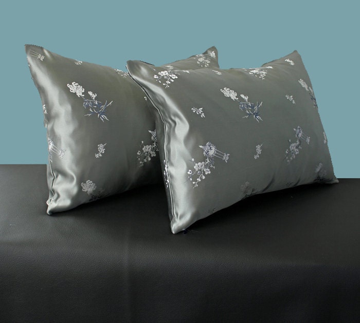 SALE Pair of Vintage Hong Kong Nickel Pagoda Silk Pillow Covers