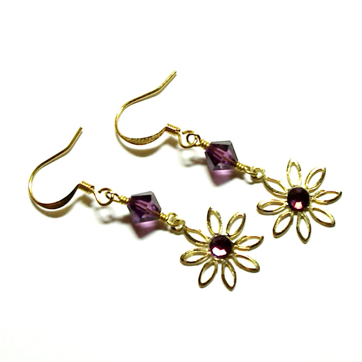SALE Golden Crazy Daisy Earrings Purple