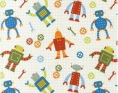 Robot Factory Organic Fabric  by Caleb Gray - Robots Multi  1/2  yard,  Modern Fabric, Sale