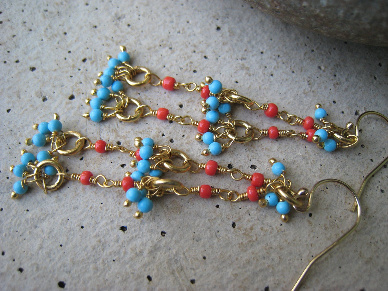 Turquoise and Coral Tassel Gold Earrings, Dangle, Bohemian, Wire Wrapped, Beaded, Long, Lightweight, Irisjewelrydesign, Fall Fashion