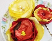 Satin Flower Hair Bobbies Set in Red Orange Yellow, Brush Fire. CLEARANCE SALE