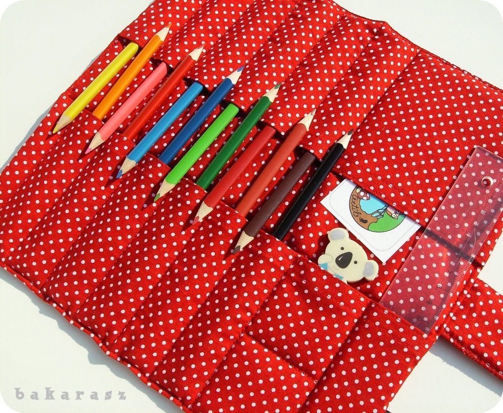 Red polka dot extra pencil roll - pocket for 12 pencils, rubber and ruler