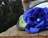 Handmade Fabric Flower hair clip blue Handcrafted wearable art flower blue pearl attached to a metal aligator clip ooak