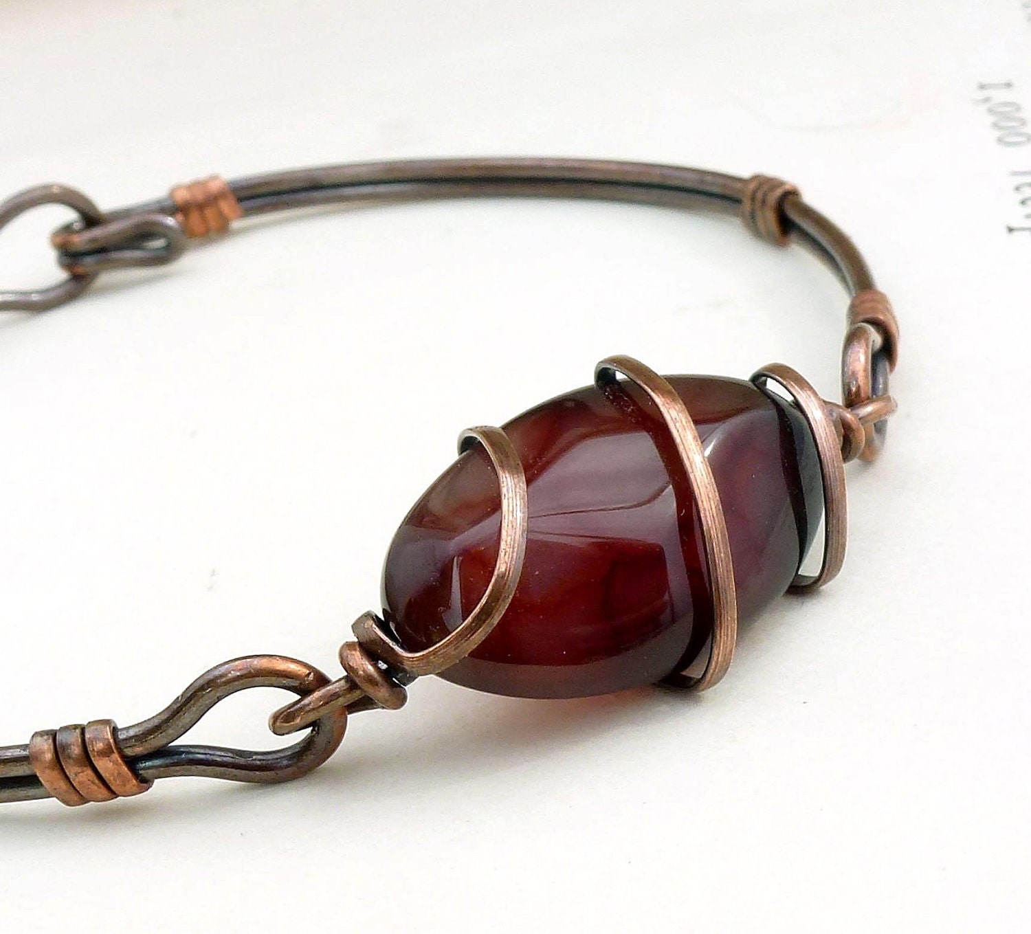 Autumn chocolate brown bracelet, copper bangle, wire wrapped jewelry