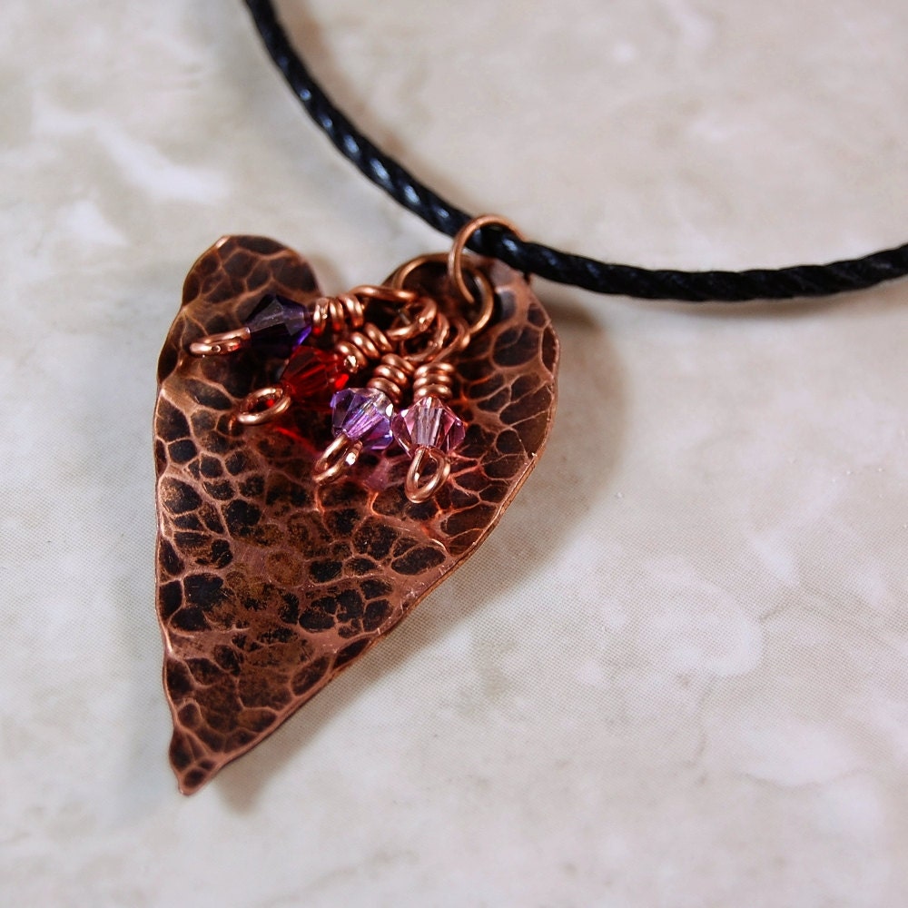 Personalized Necklace Hammered Copper Heart Pendant Custom Birthstone Mother Necklace