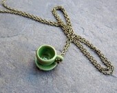 Free Shipping Green Tea Cup and Saucer on Bronze Chain Necklace Ceramic Miniature Plate Tea Coffee Free Shipping Etsy