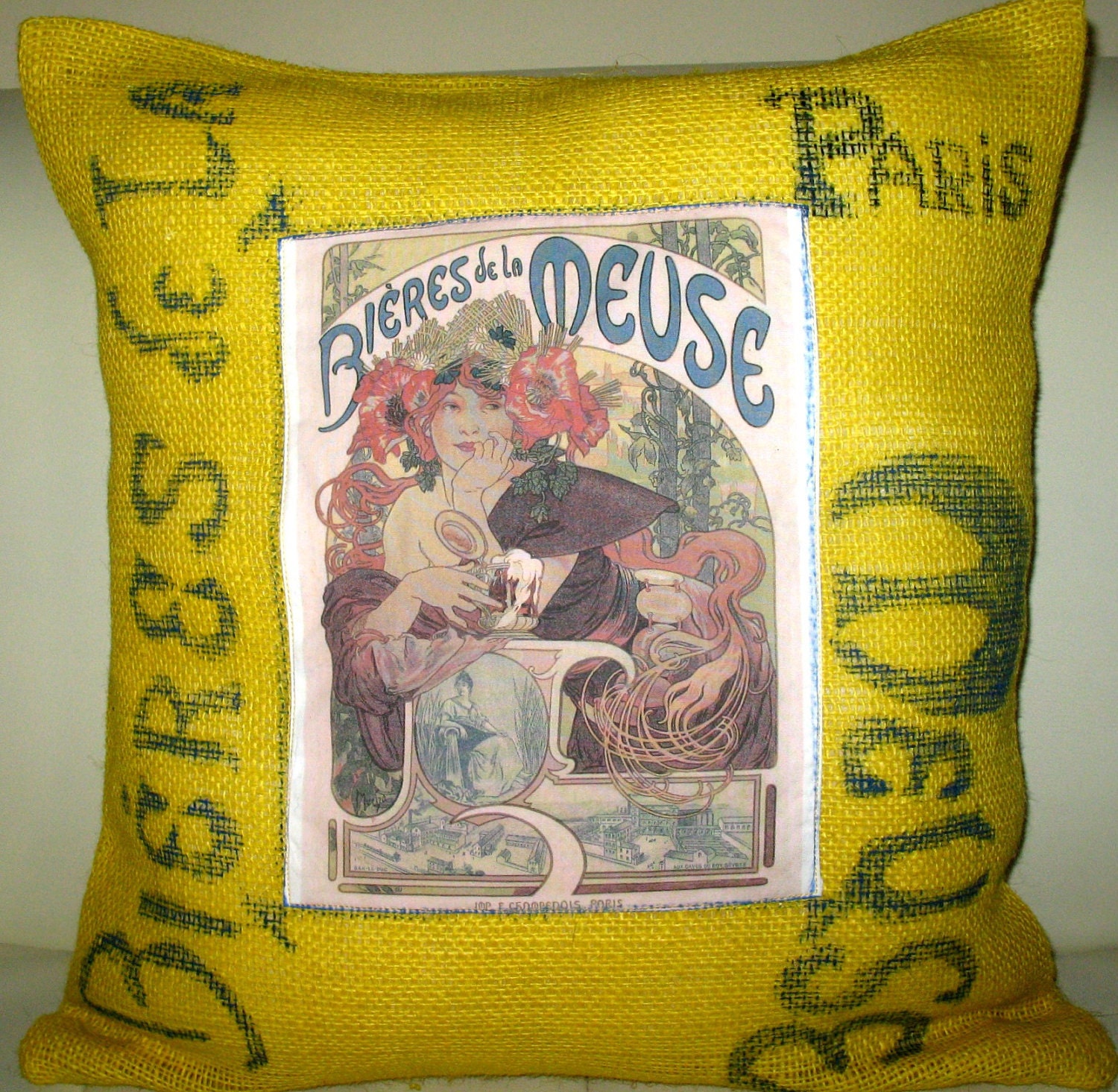 Free US shipping Unique Vintage Designer Yellow Burlap18x18 Pillow Cover Handprinted Art Reproduction Applique of Alphonse Maria Mucha  1898