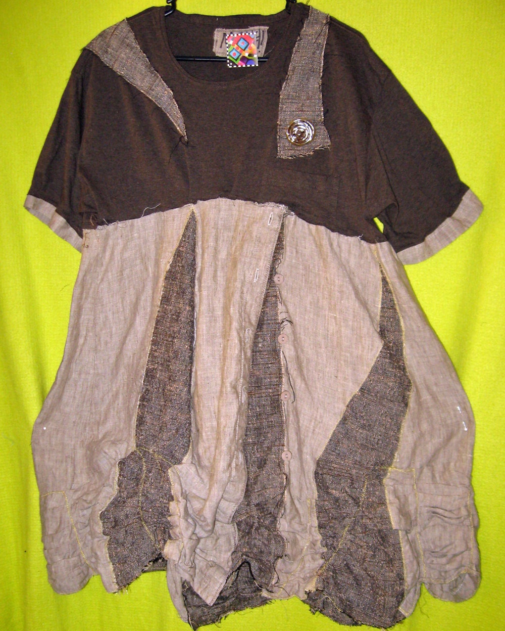 Ruched brown linen raw edges Baggy tunic Dress Fabulous Plus size