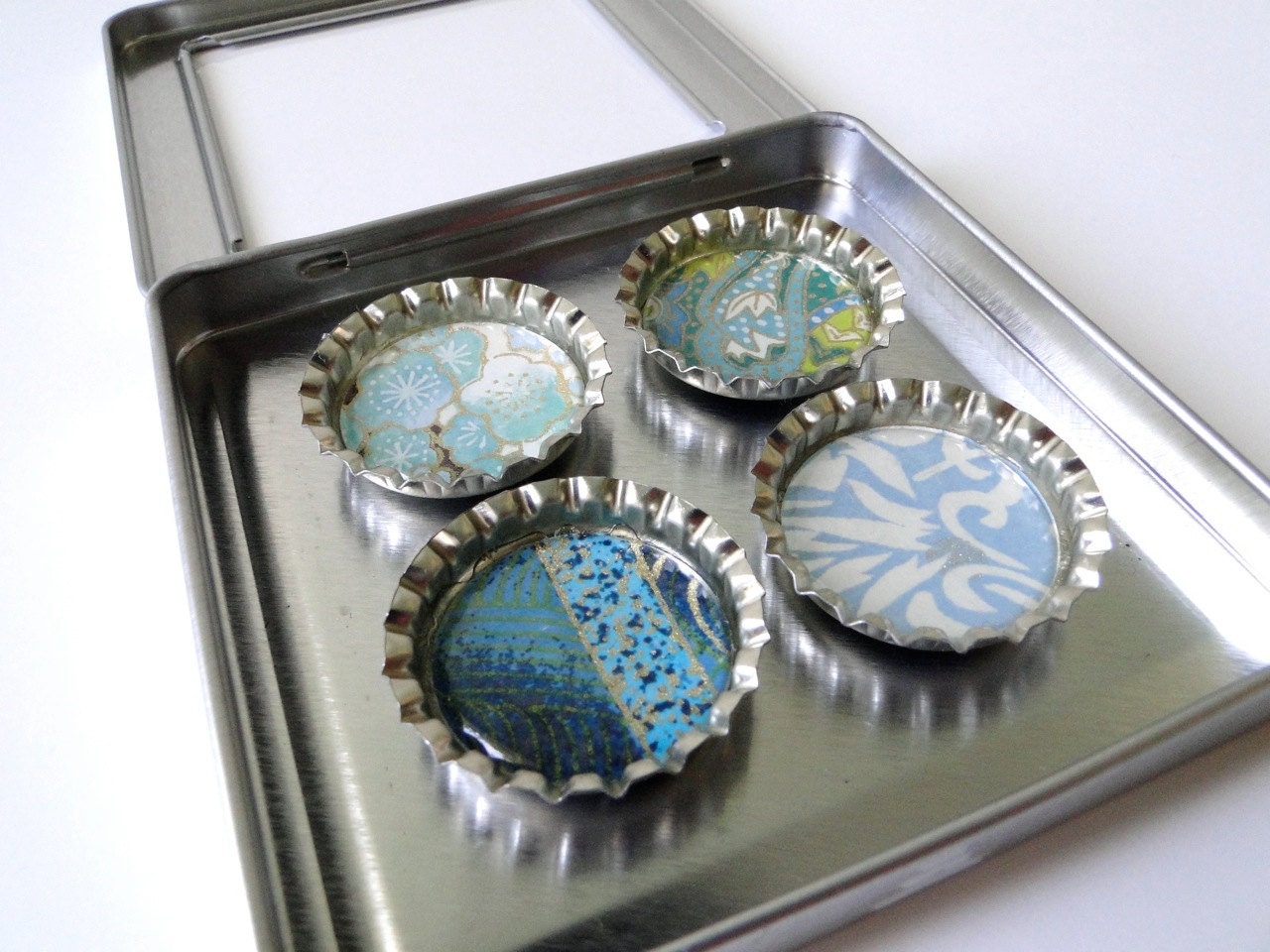Aqua Chiyogami magnets bottle cap  Set of 4 v02