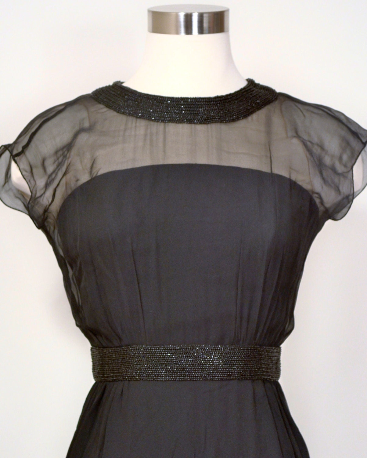 Black Dress Vintage Cocktail Wiggle Sheer Organza Glass Beaded Collar & Waist Lee Claire New York 1950's XXS/XS Little Black Dress